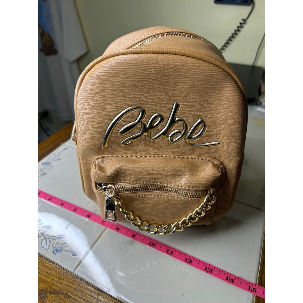 Bebe Logo Mini‎ Backpack Tan Faux Leather Gold Chain Zip Front Pocket Women